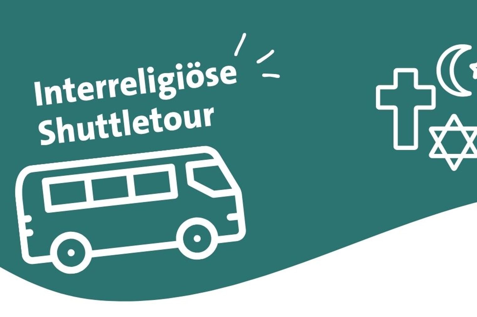 Grafik von einem Shuttlebus und Glaubenssymbolen Grafik von einem Shuttlebus und Glaubenssymbolen